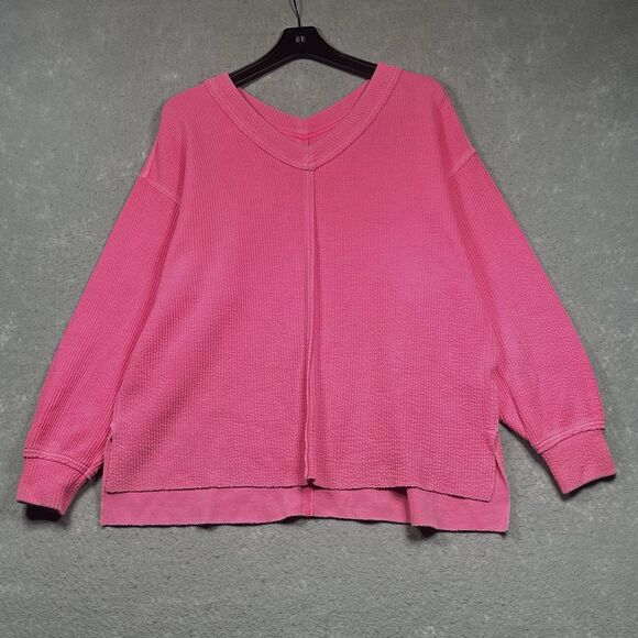 AERIE Sweater S Hot Pink Textured V-neck Oversized Ribbed Sweater Athlesiure - Picture 1 of 13